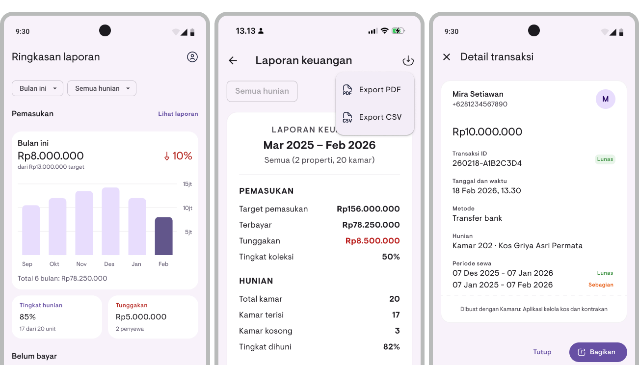 Calendar view and tenant details in the Kamaru app