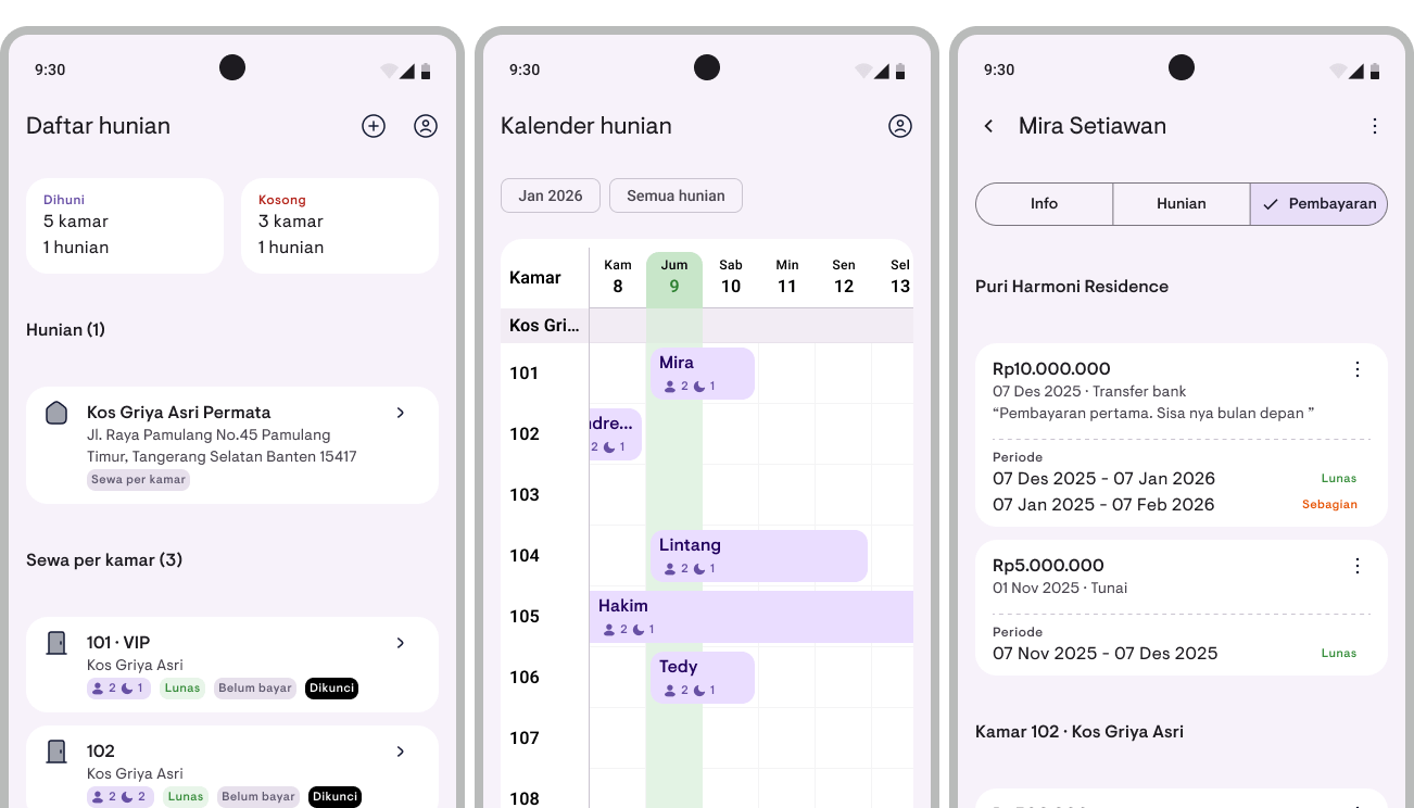 Kamaru app main view showing property list and payment summary