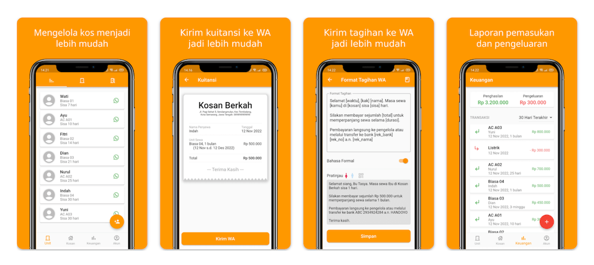 Kosanku app showing unit list and digital receipts