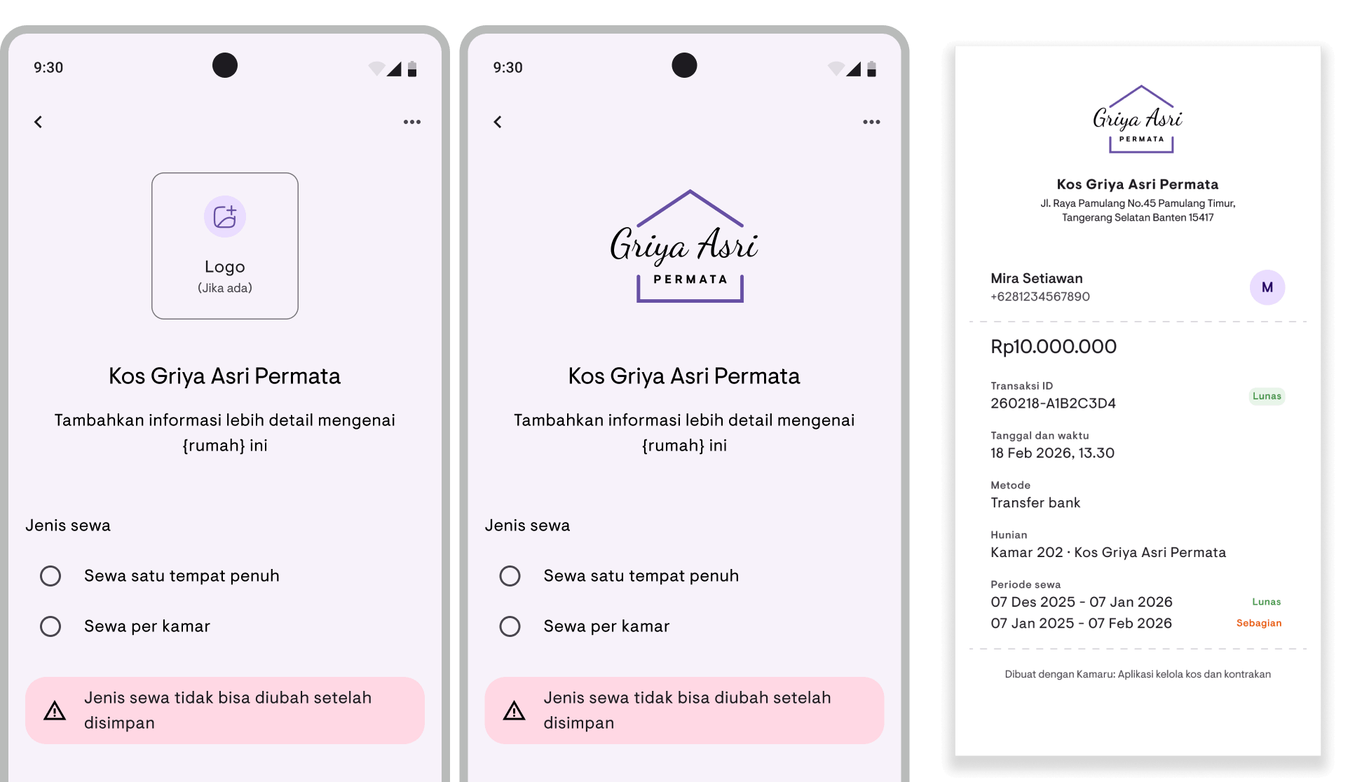 Logo hunian terpasang di nota PDF Kamaru